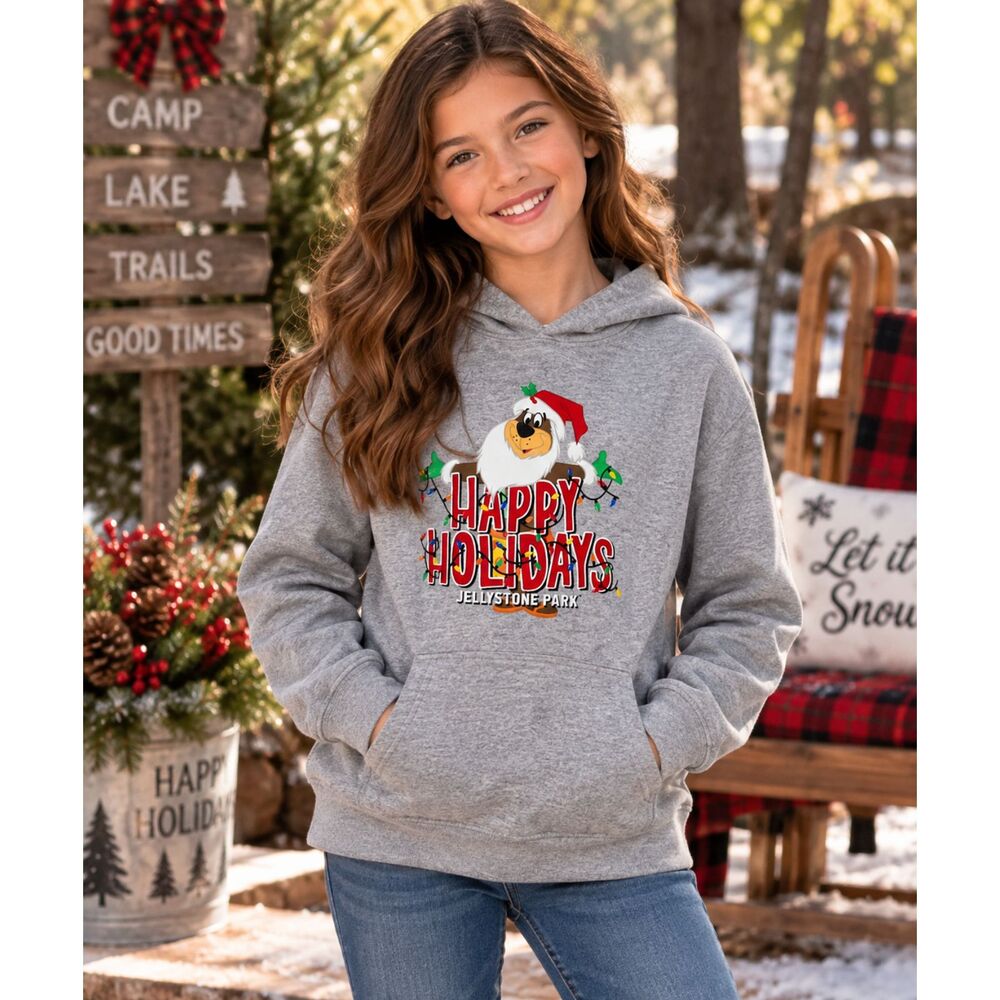 Yogi Bear Youth M Gray Happy Holidays Jellystone Park Christmas Hoodie #22